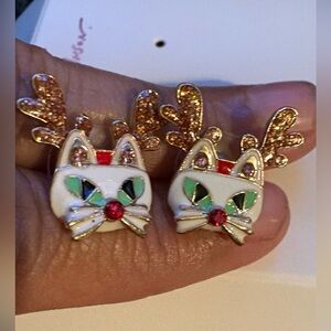 New BETSEY JOHNSON White Cat Reindeer Kitty Stud Earrings Christmas Holidays